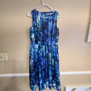Luxe by Carmen Marc Valvo Womens Dress Size 10 Blue Floral Sleeveless Belt Lined